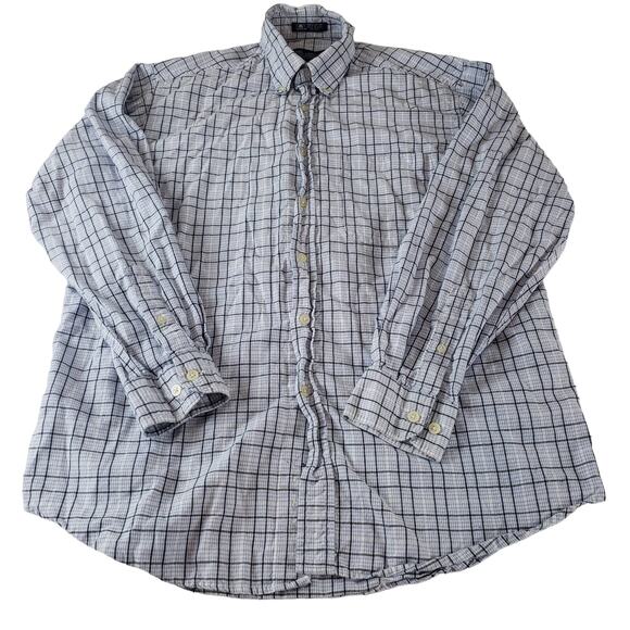 John Ashford Shirt Mens Medium Button Down Blue White Black 100% Cotton Top - Picture 1 of 4